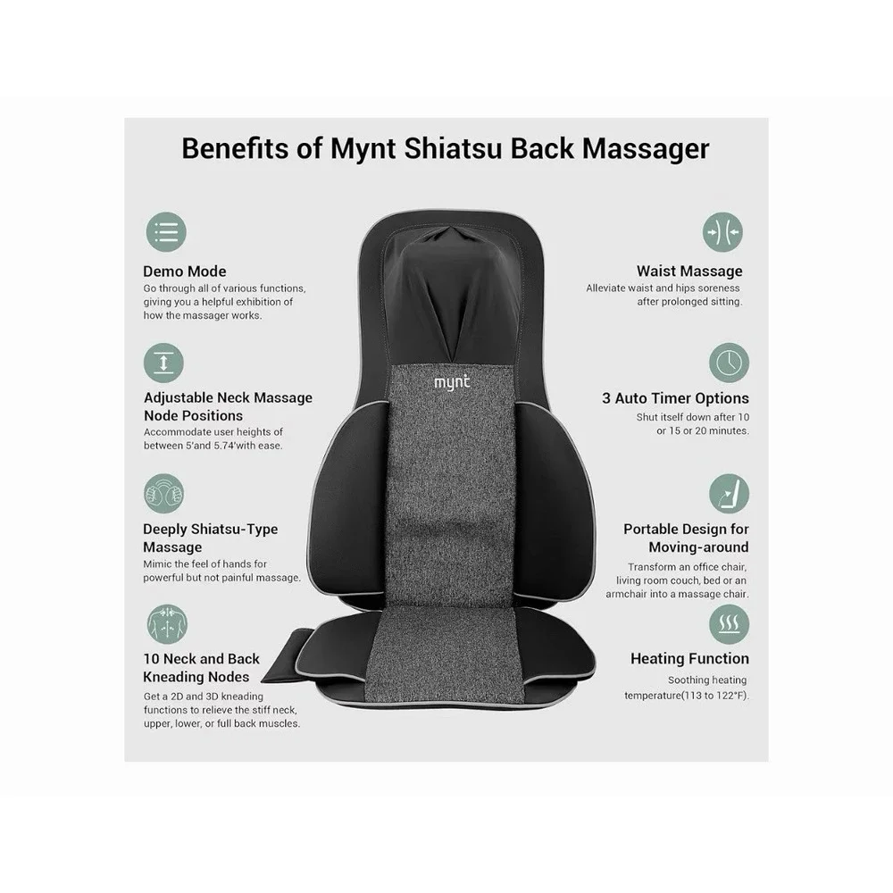 Mynt FSA Eligible HSA Approved Shiatsu Neck and Back Massager‎ for Chair with 10